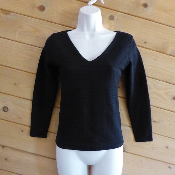 STRIPE Rayure Paris Black 3/4 sleeved V-Neck Crop Office Formal Pullover Top S - Picture 2 of 10